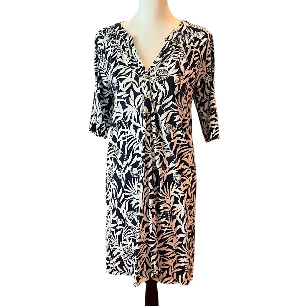 Lilly Pulitzer Cath 3/4 Sleeve Dress in the Aegean Navy Beach Path print SZ M